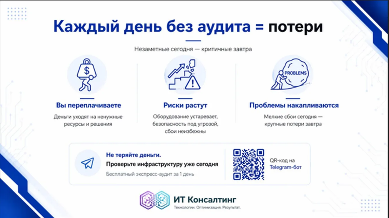 Финальный слайд презентации с крупным QR-кодом и призывом пройти бесплатный аудит