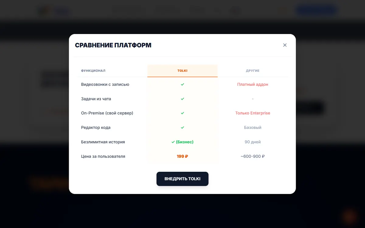 Таблица сравнения с другими мессенджерами — цена последним аргументом