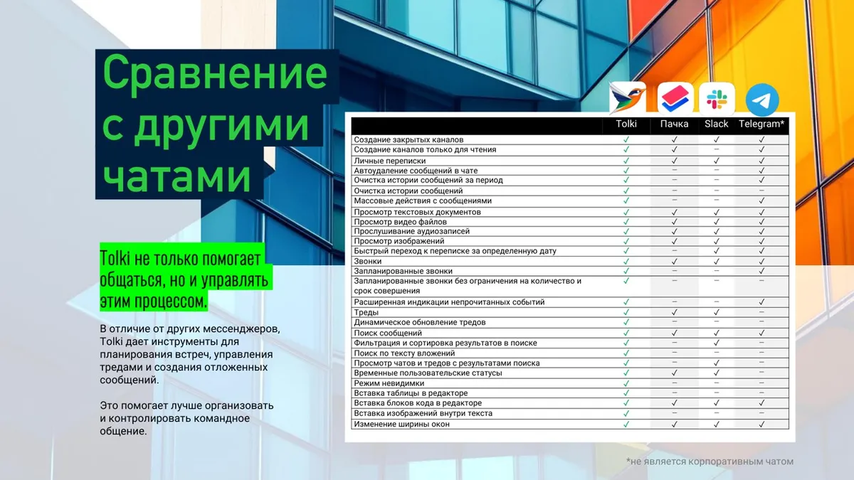 Слайд сравнения на 26 параметров