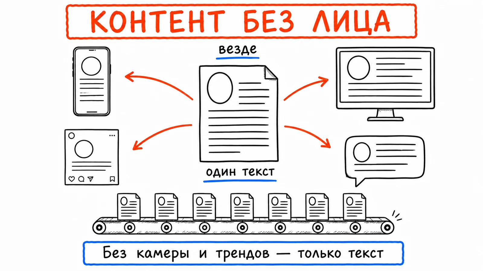 Контент без лица: один текст с пустым овалом вместо портрета расходится на телефон, монитор, пост и чат