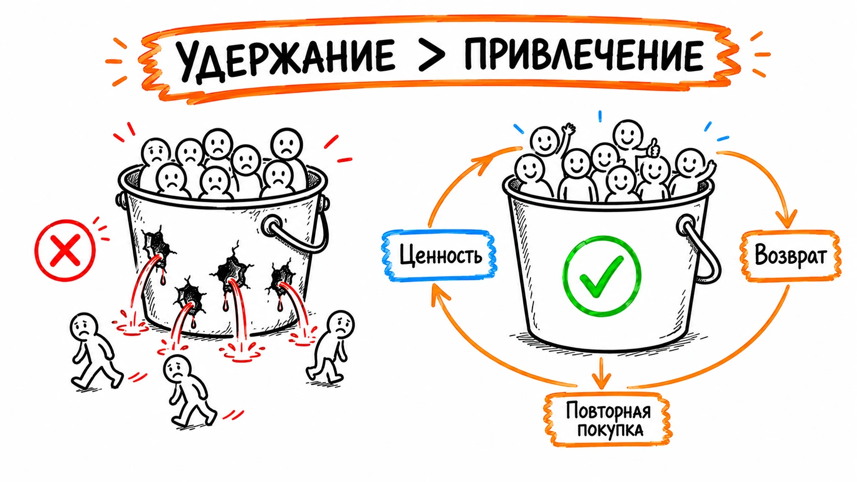 Удержание важнее привлечения: дырявое ведро против ведра с петлёй возврата
