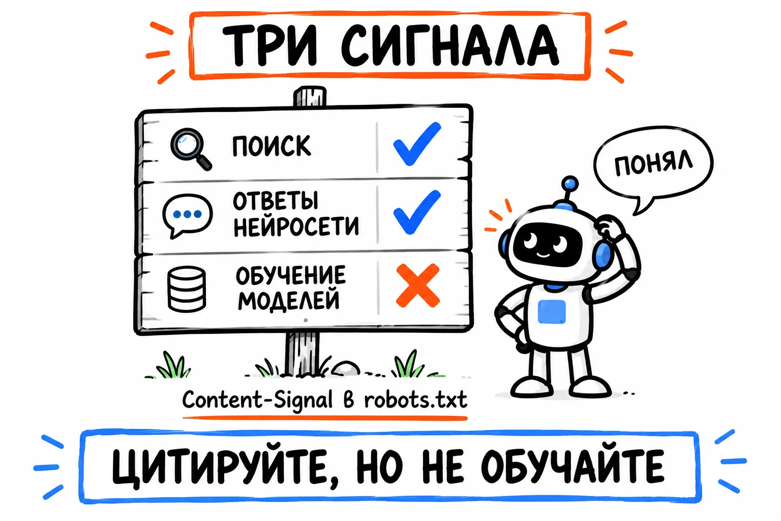 Три сигнала: поиск — да, ответы нейросети — да, обучение моделей — нет. Цитируйте, но не обучайте