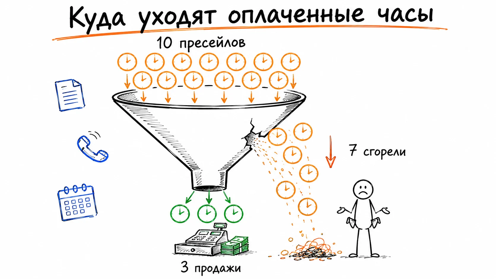Воронка пресейла: сверху падают десять оплаченных часов, снизу выходят три продажи, семь утекают через трещину в стенке