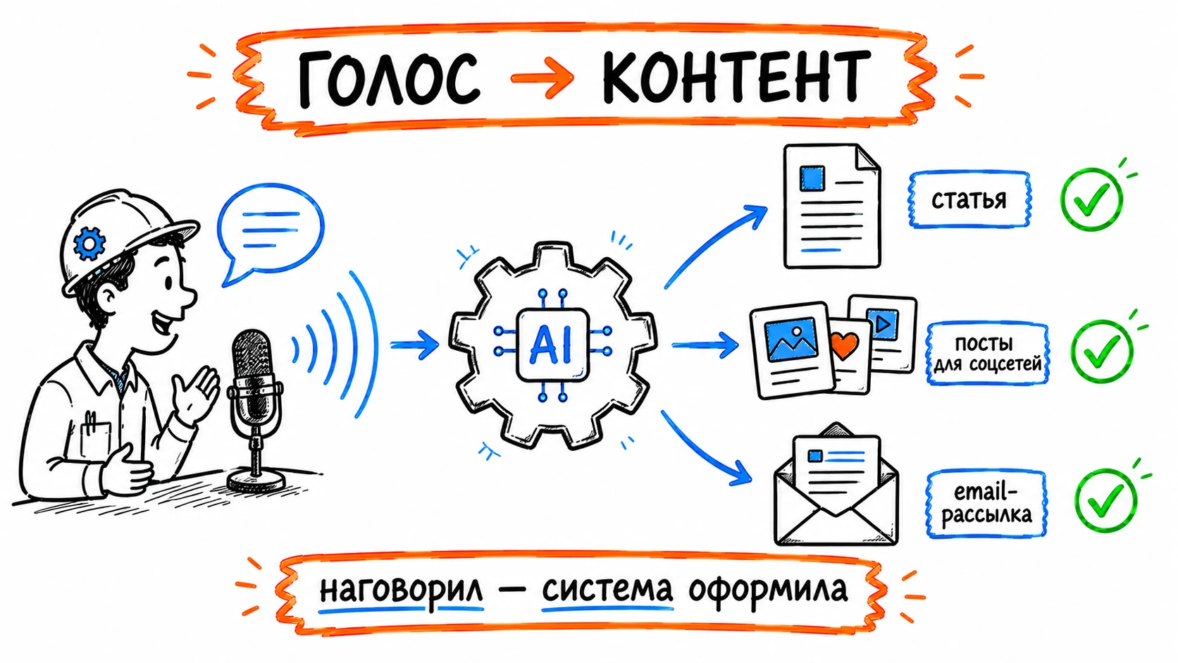 Технический контент из голоса: инженер надиктовывает — система оформляет в статью, посты и рассылку