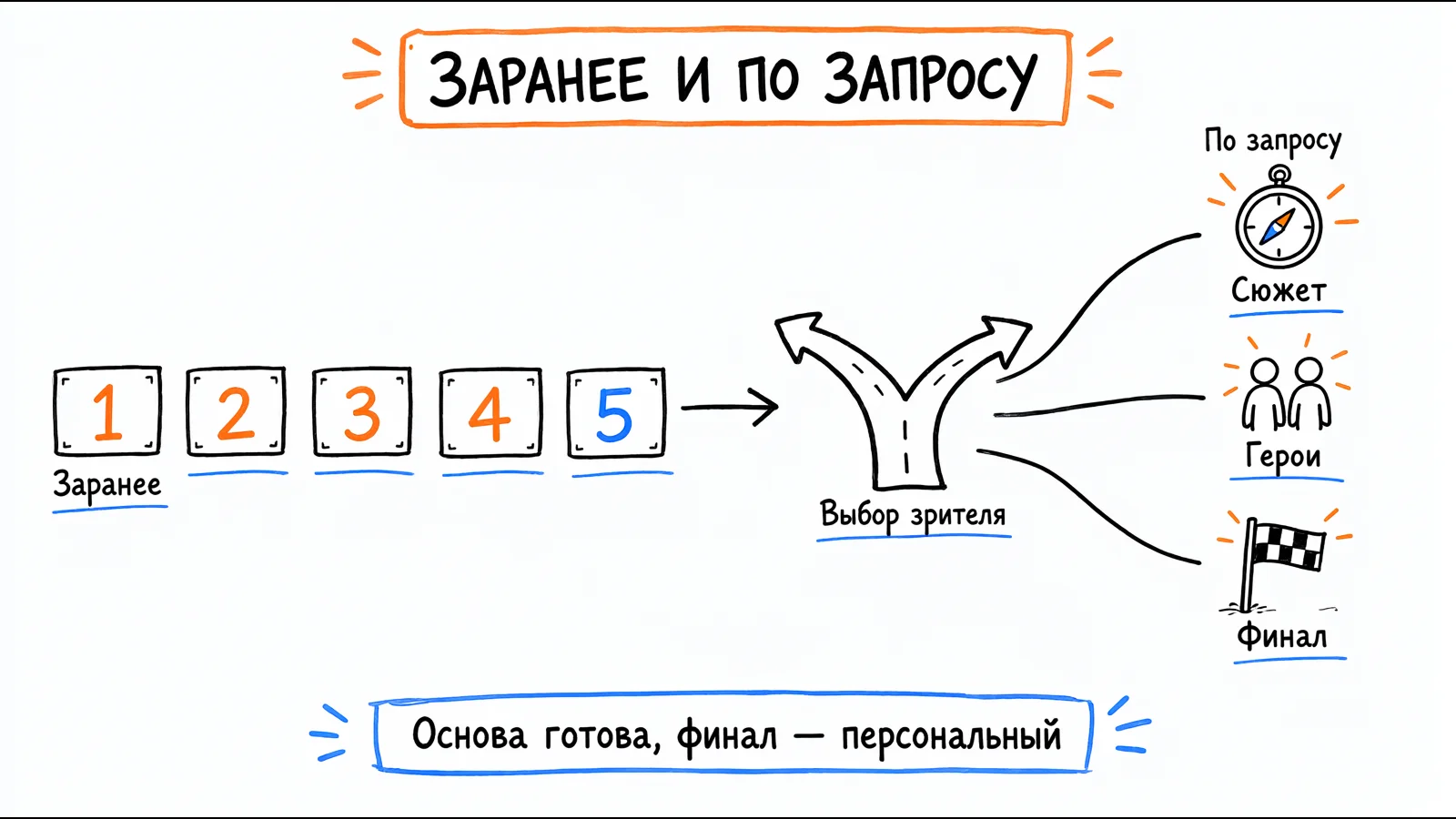 Заранее и по запросу: первые серии готовы заранее, персональные ветки генерируются после выбора зрителя