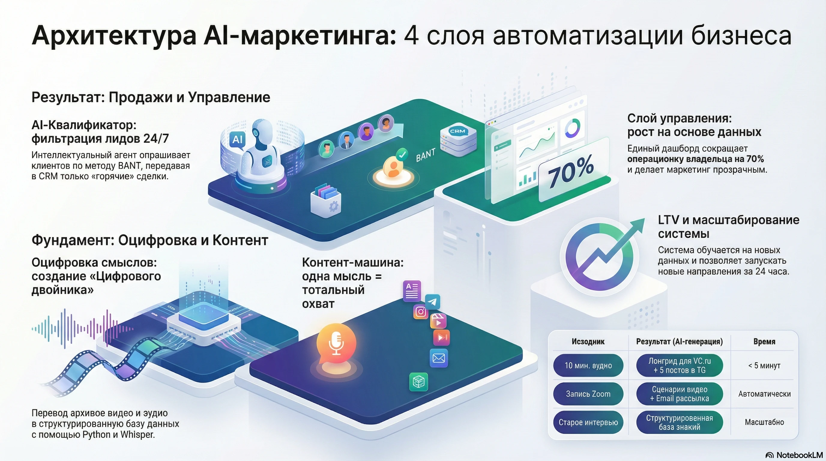 Архитектура AI-маркетинга: 4 слоя автоматизации бизнеса — оцифровка смыслов, контент-машина, AI-квалификатор и слой управления на едином дашборде