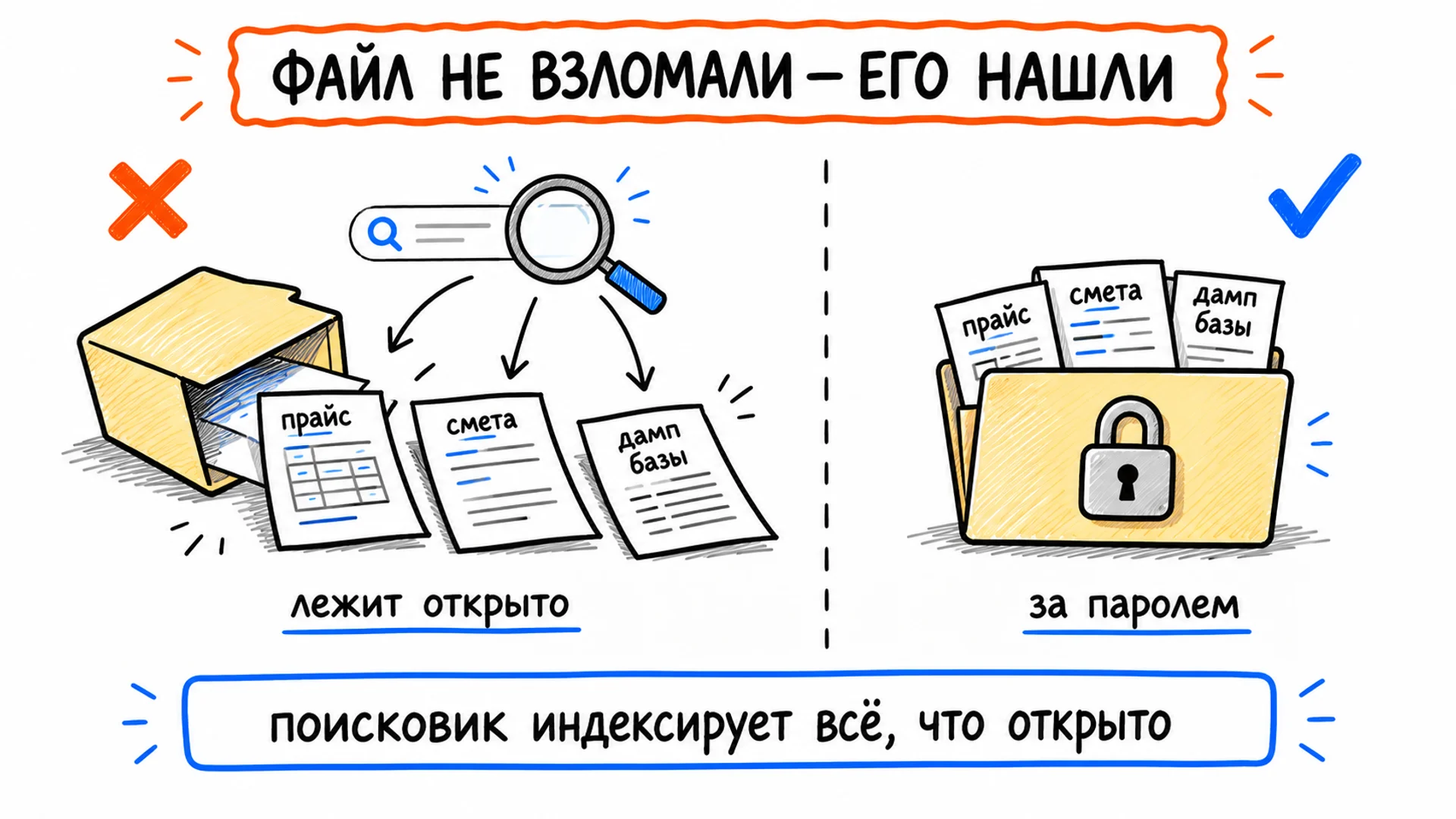 Слева документы вываливаются из открытой папки и их находит поисковик, справа те же файлы за паролем