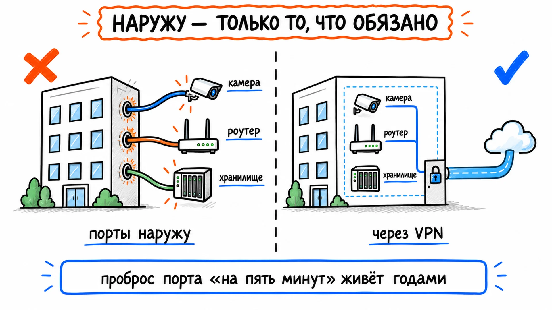 Слева камера, роутер и хранилище торчат наружу проброшенными портами, справа те же устройства внутри периметра и один канал через VPN