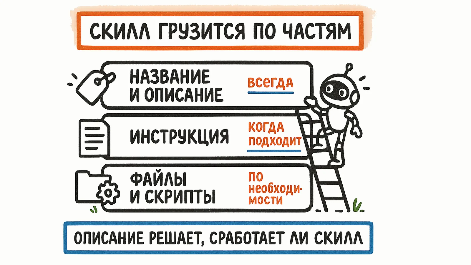 Скилл грузится по частям: название и описание — всегда, инструкция — когда подходит, файлы и скрипты — по необходимости