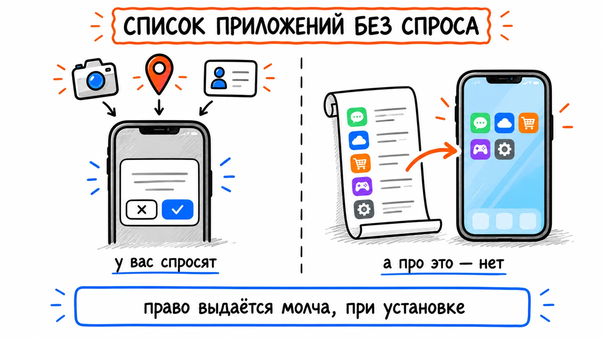 Слева телефон спрашивает разрешение на камеру, геолокацию и контакты; справа список приложений уходит в телефон без всякого вопроса