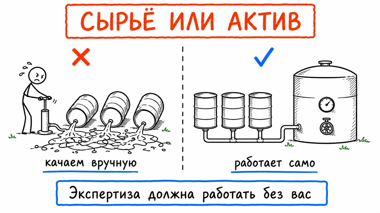 Экспертиза как сырьё или как актив: слева её качают вручную из опрокинутых бочек, справа она собрана в систему и работает сама