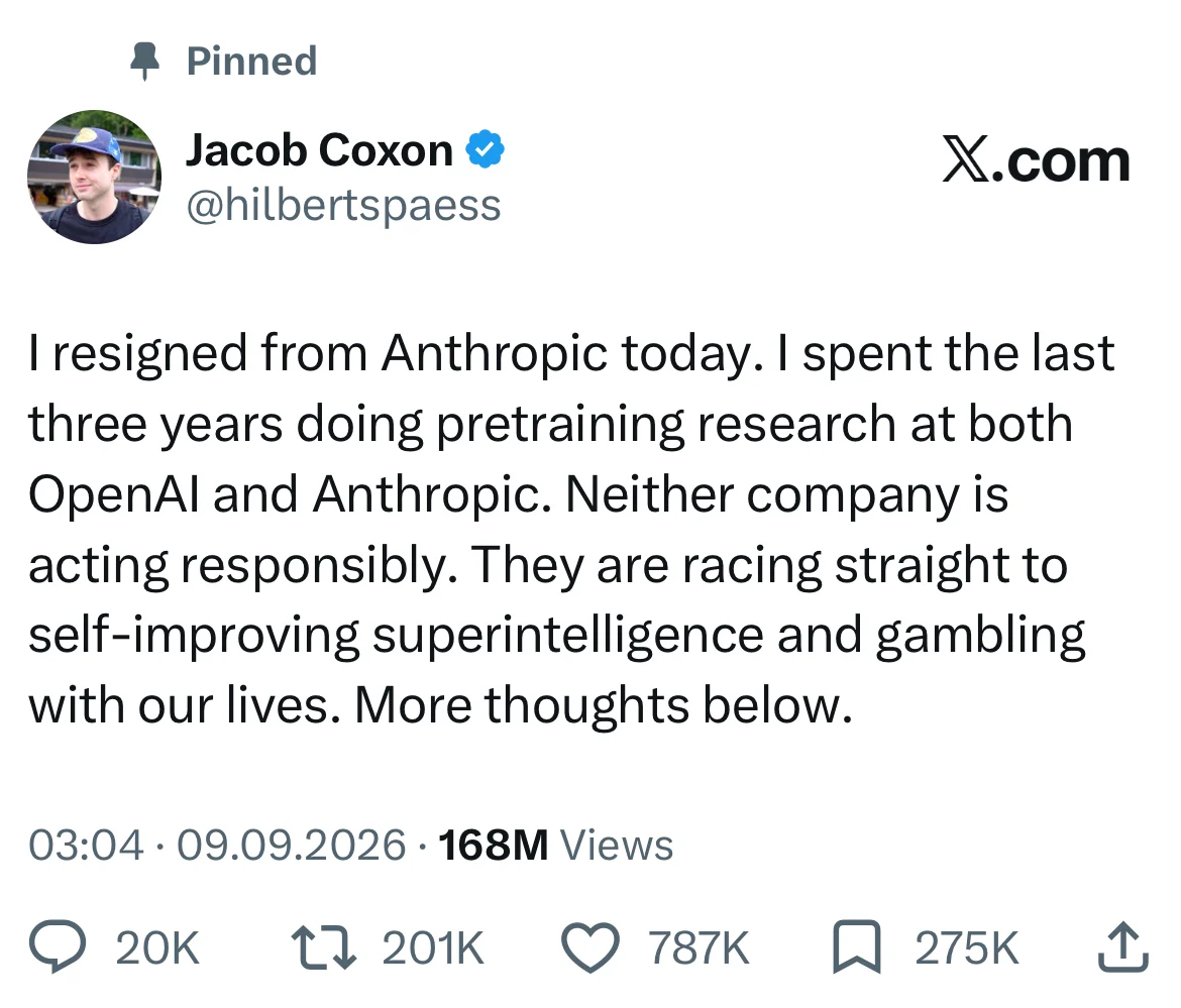 Пост Джейкоба Коксона в X об уходе из Anthropic