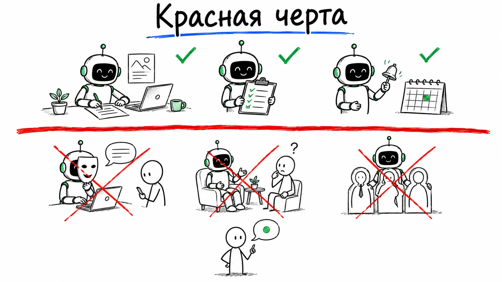 Над красной чертой роботу можно: писать пост, вести чек-лист, напоминать о встрече. Под чертой перечёркнуто: робот в маске человеческого лица, робот вместо эксперта на консультации, робот за картонными фигурами команды