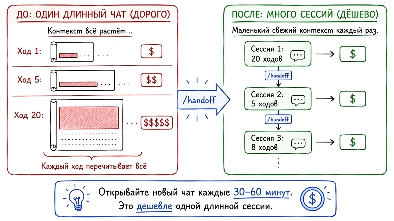 До и после: один длинный чат против нескольких сессий