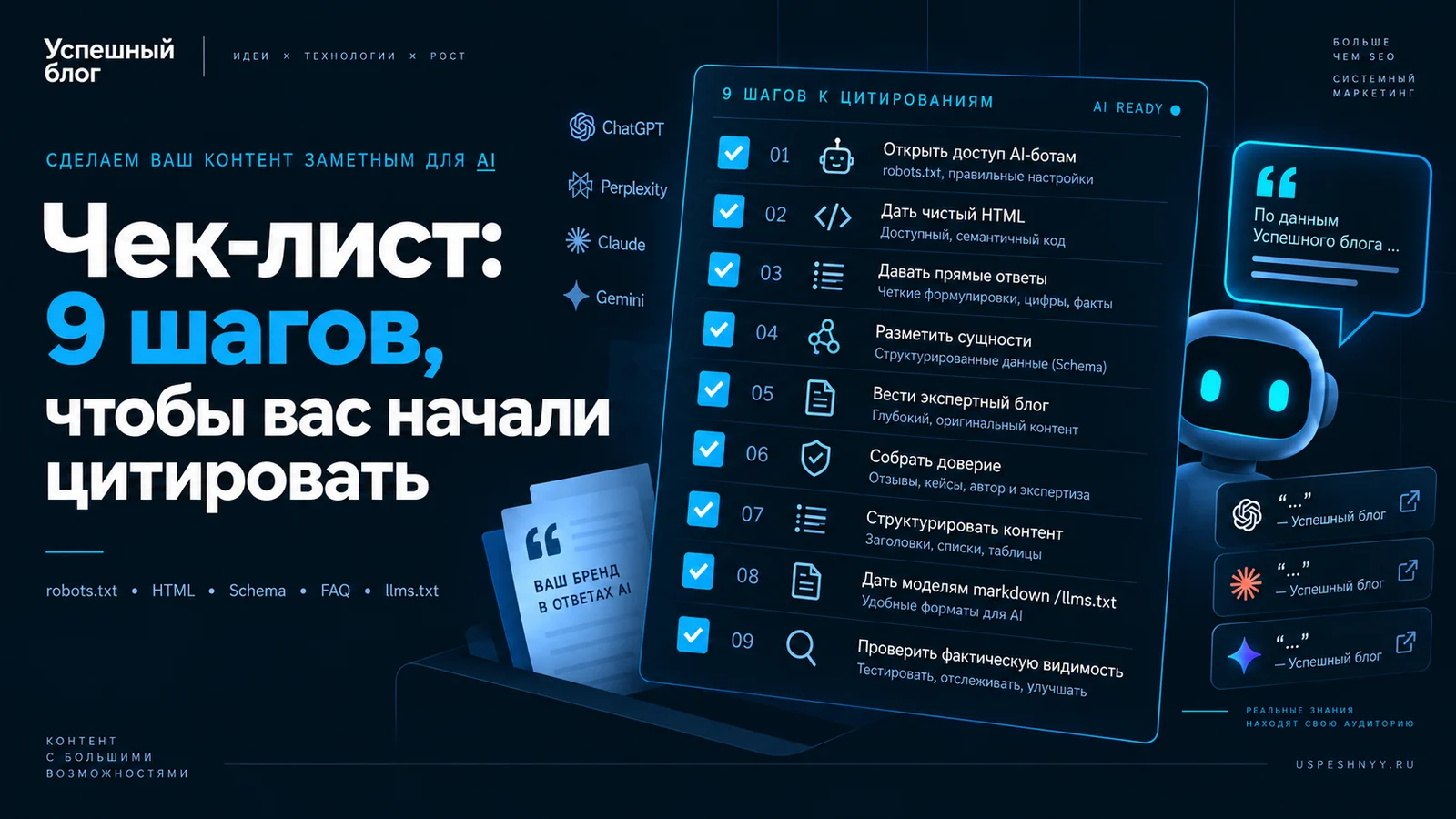Чек-лист: 9 шагов, чтобы вас начали цитировать — от доступа для AI-ботов до проверки фактической видимости
