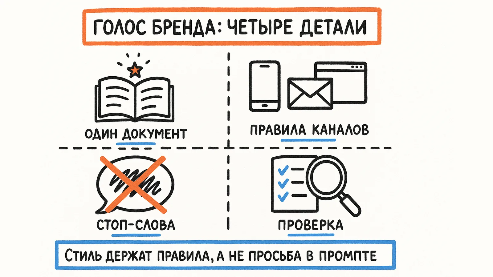 Голос бренда: четыре детали — один документ, правила каналов, стоп-слова и проверка