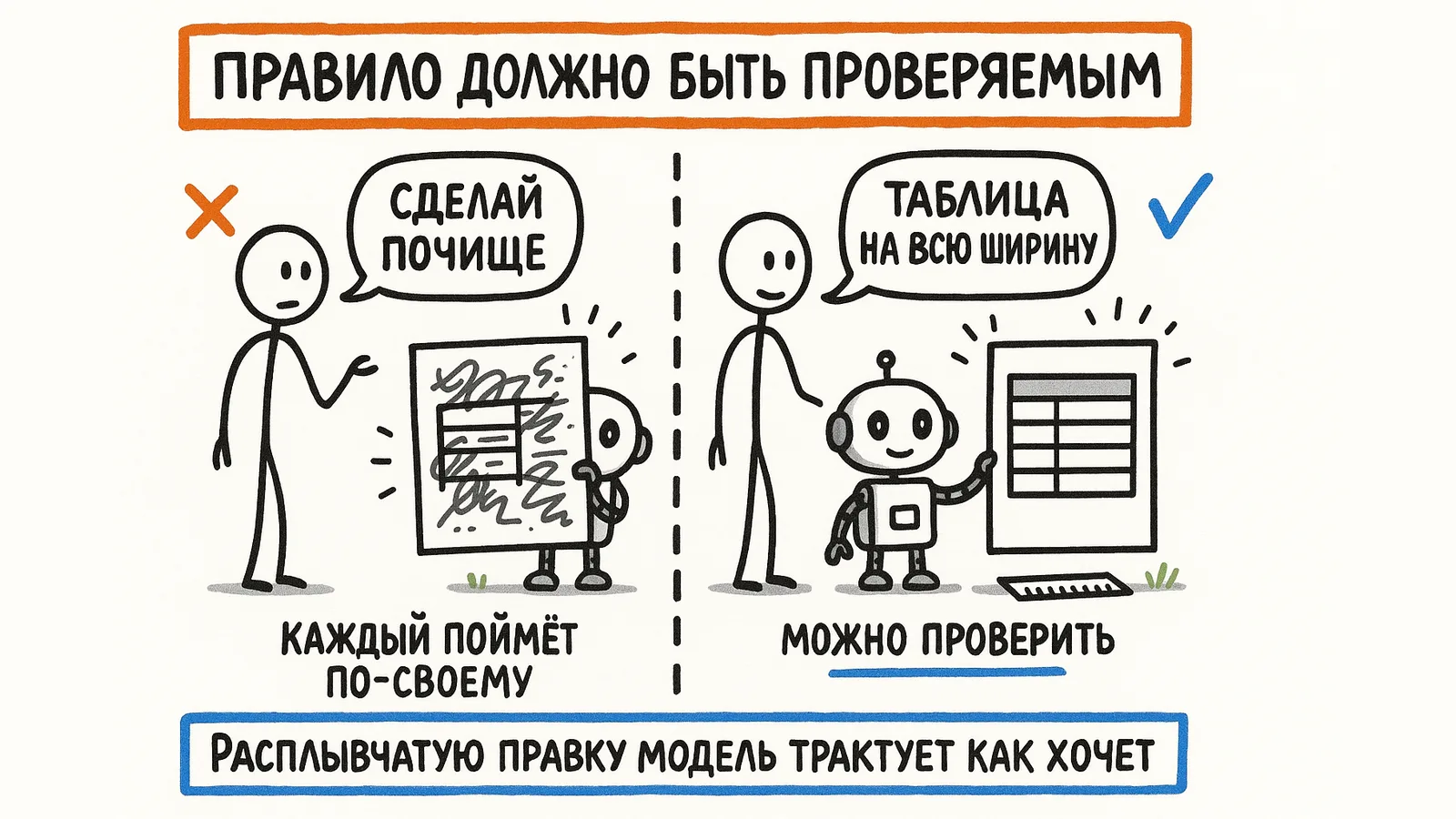 Правило должно быть проверяемым: «сделай почище» каждый поймёт по-своему, «таблица на всю ширину» можно проверить