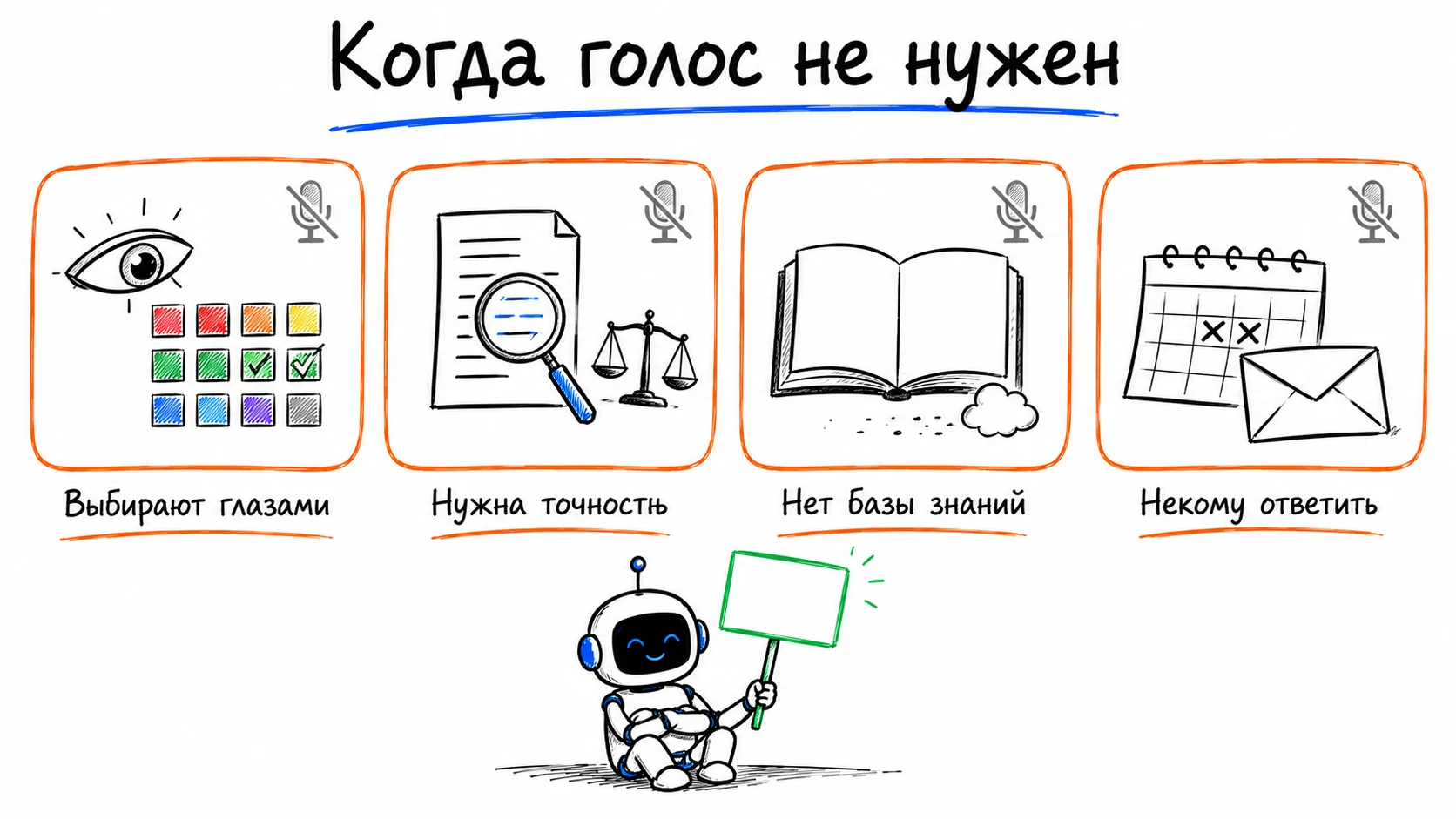 Четыре случая с перечёркнутым микрофоном: выбирают глазами, нужна точность, нет базы знаний, некому ответить