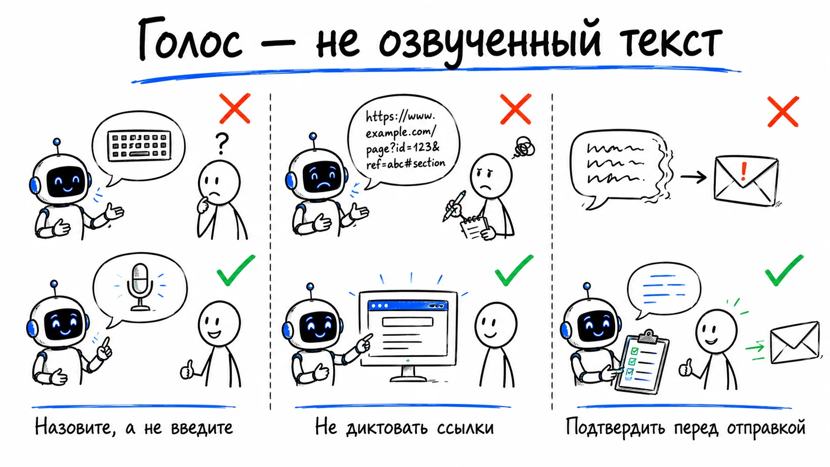 Три правила голосового консультанта: говорить «назовите» вместо «введите», не диктовать ссылки, а открывать форму, и зачитывать собранные поля перед отправкой