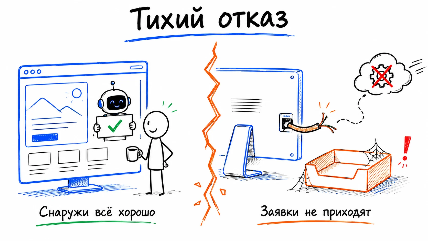 Снаружи сайт выглядит нормально: робот держит табличку с галочкой, владелец спокоен. С обратной стороны — оборванный кабель, улетающая модель и пустой лоток заявок в паутине