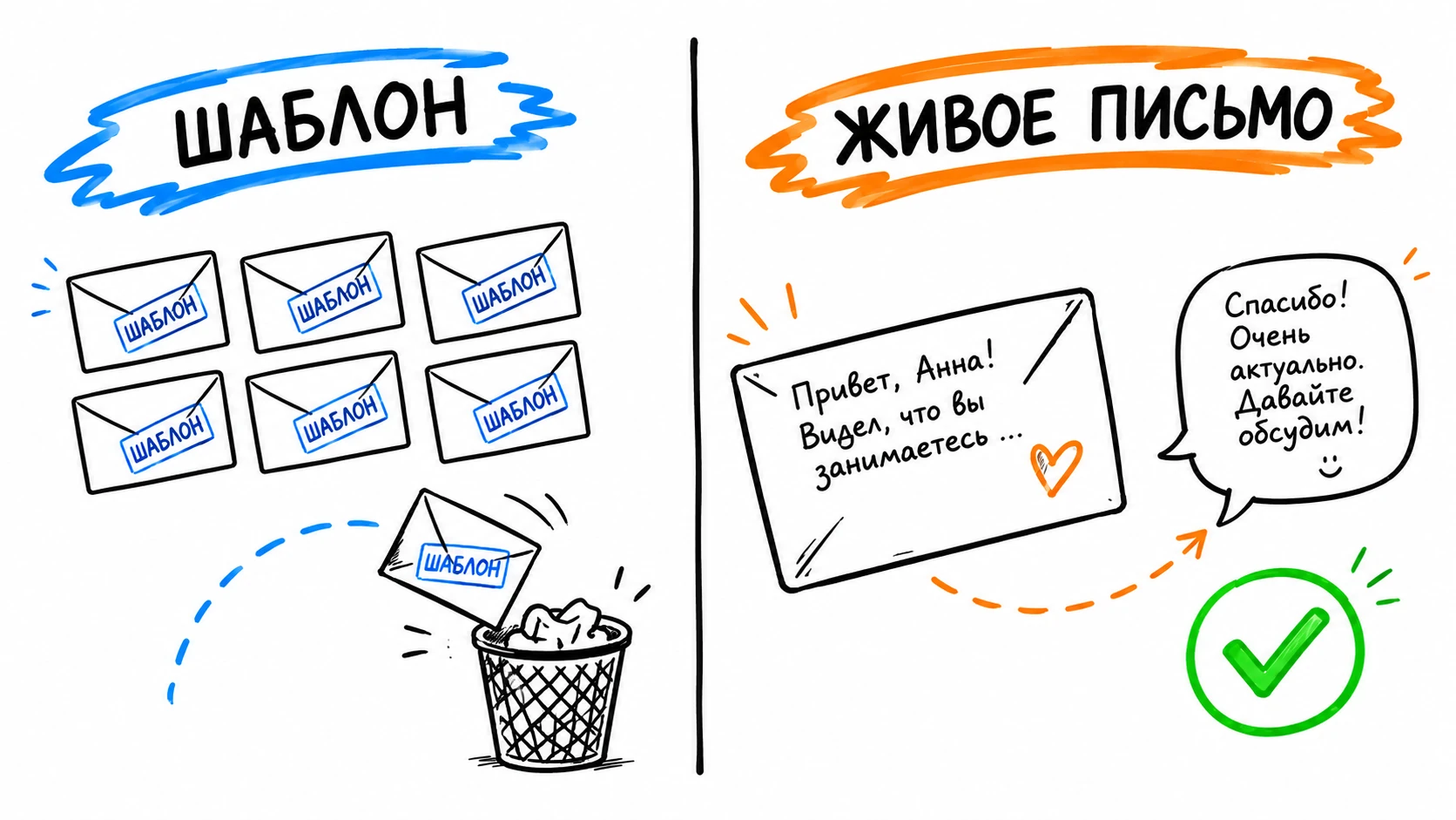 Живое рукописное письмо рядом со стопкой одинаковых типографских бланков-шаблонов — метафора персонального обращения против массового спама