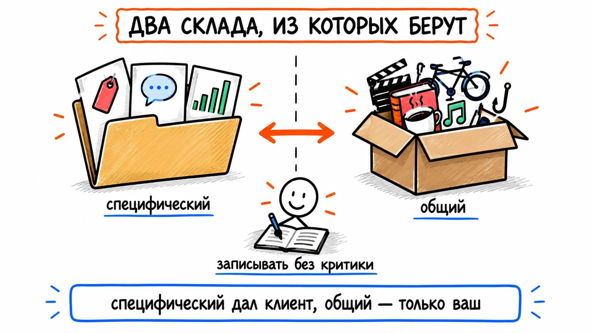 Два склада материала: папка с данными по задаче и коробка с разнородными впечатлениями
