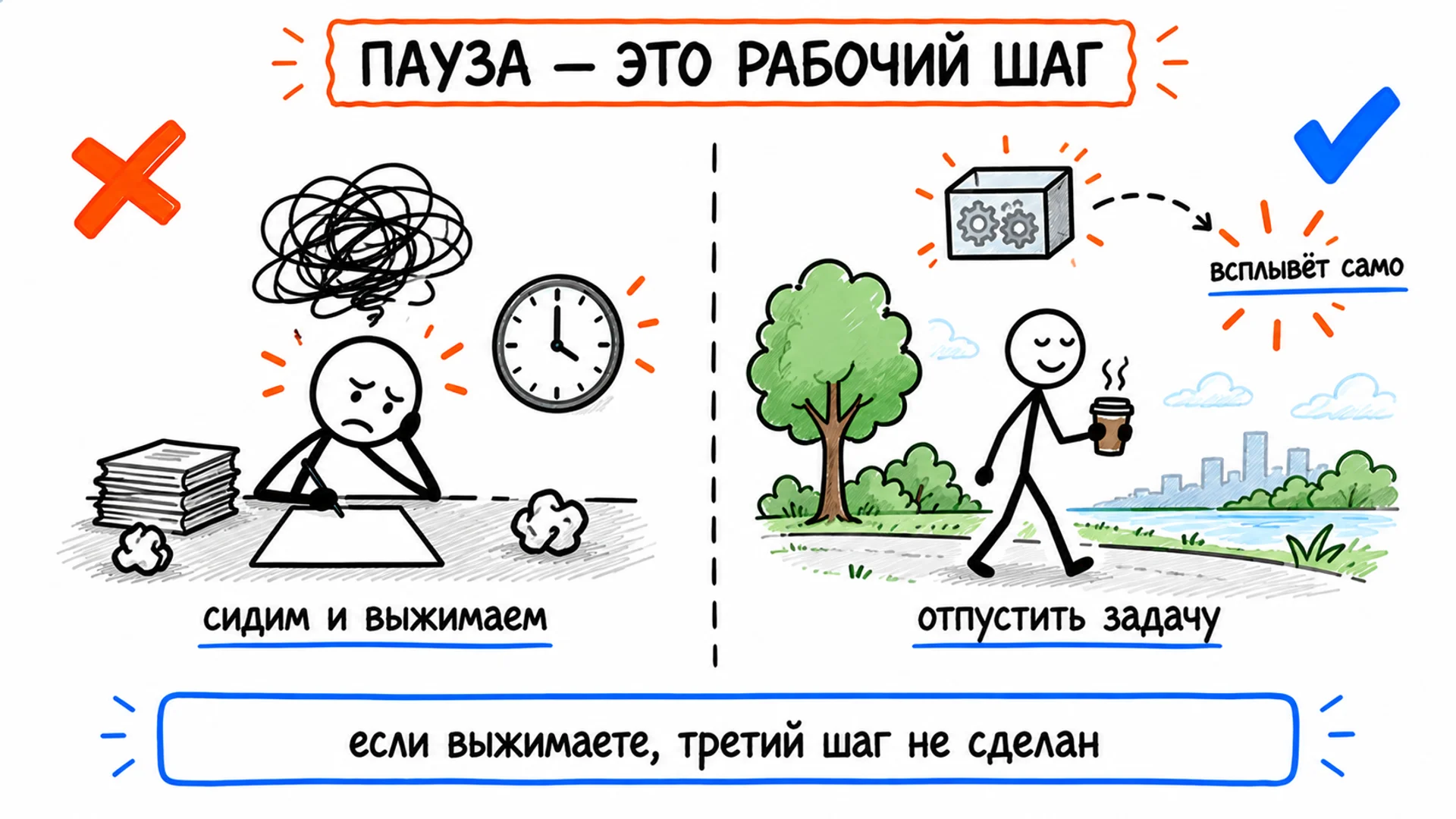 Слева человек выжимает идею за столом, справа гуляет, пока задача решается фоном