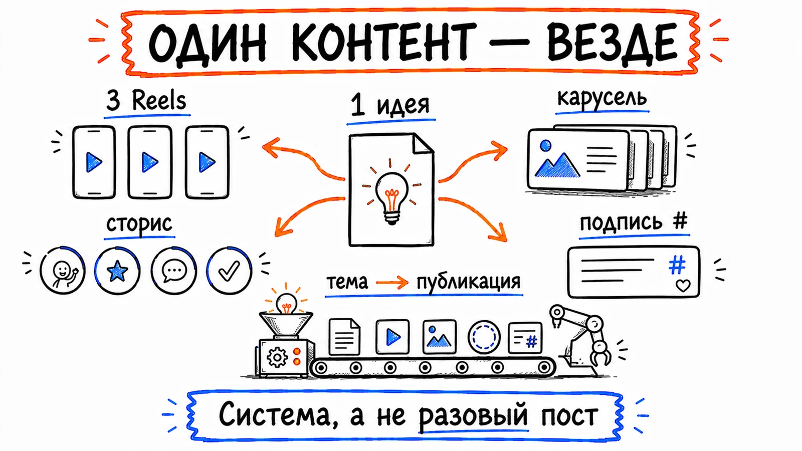 Один контент → 3 Reels + карусель + сторис + подпись; конвейер от темы до публикации