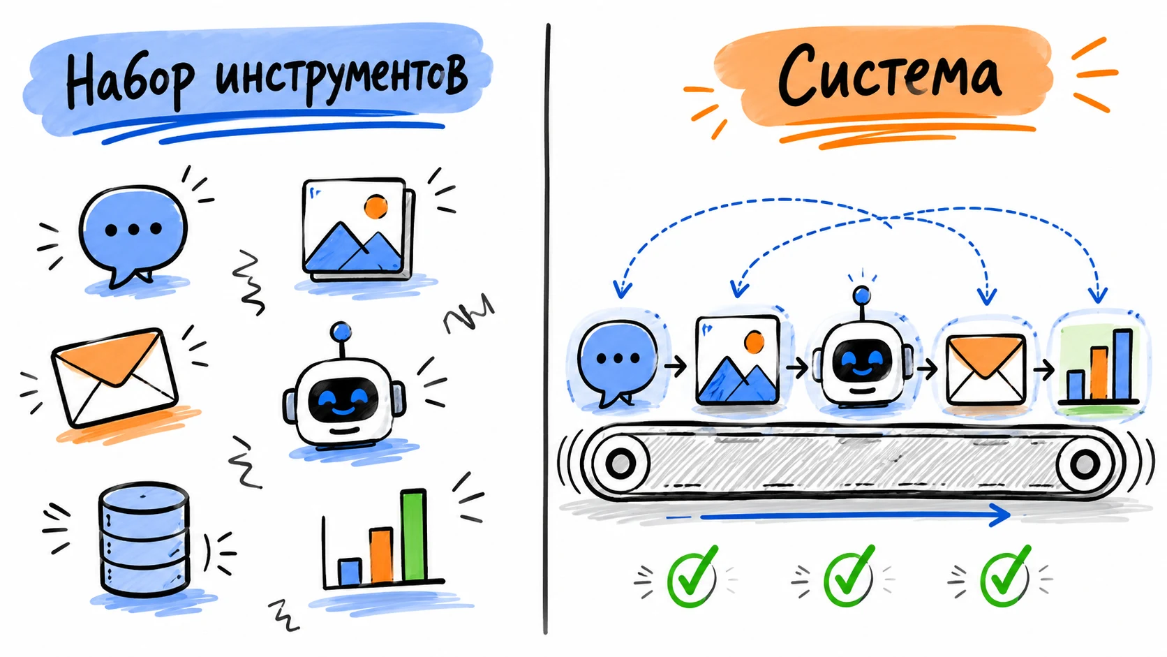 Набор инструментов против системы: разрозненные станки vs конвейер