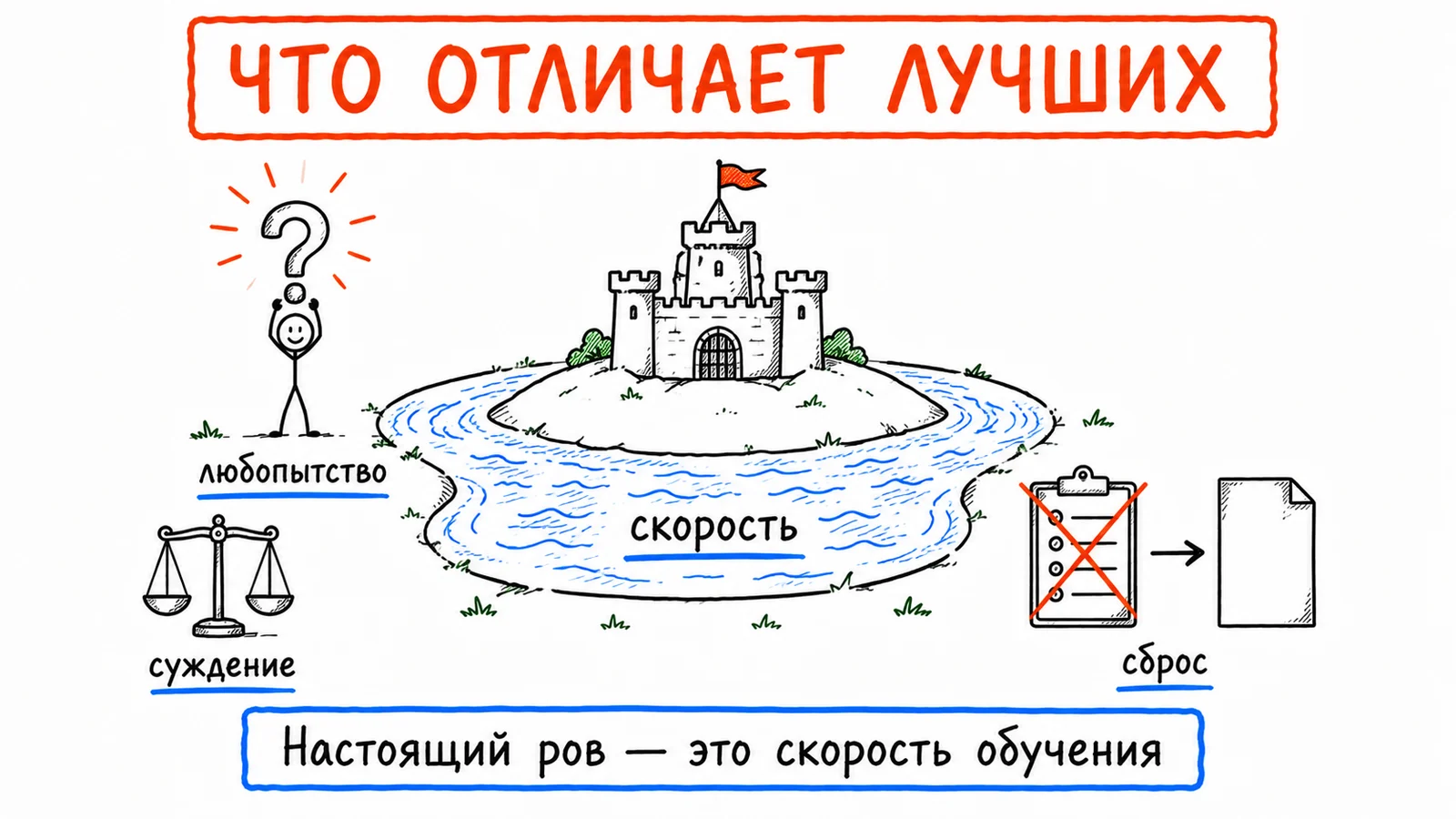 Что отличает лучших: любопытство, суждение и копипаст-сброс, а ров вокруг замка — это скорость обучения