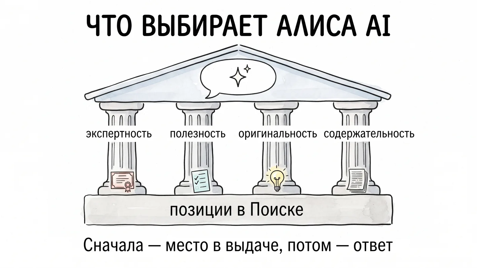 ЭПОС Яндекса: четыре опоры попадания в ответы Алисы AI — экспертность, полезность, оригинальность, содержательность