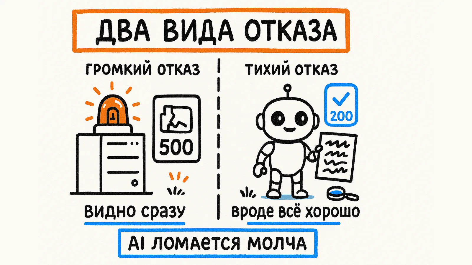 Два вида отказа: громкий — ошибка 500, видно сразу; тихий — ответ 200, вроде всё хорошо