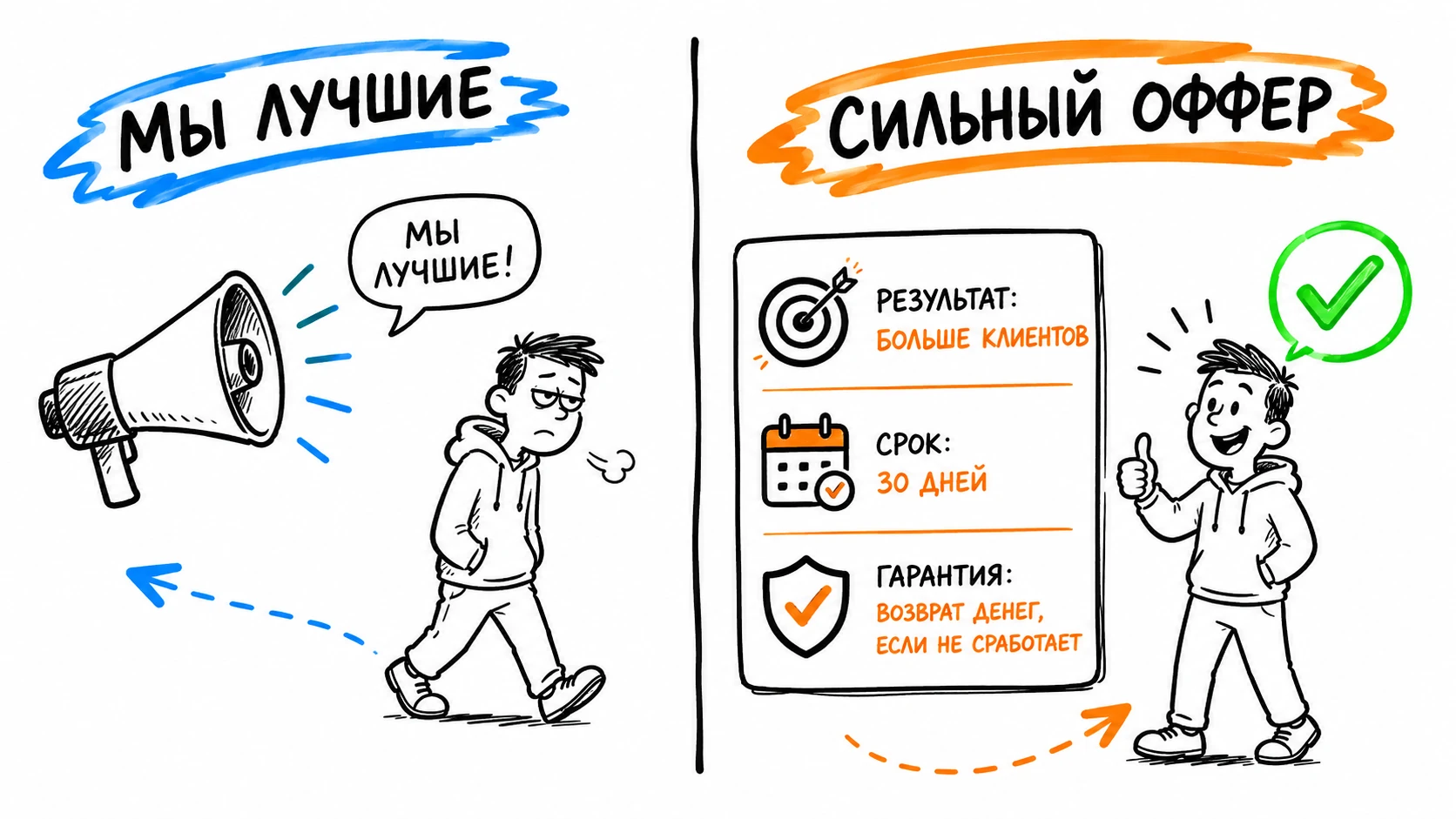 Весы, на одной чаше — крупный сияющий результат-«мечта», на другой — маленькие гирьки времени и усилий, метафора уравнения ценности оффера