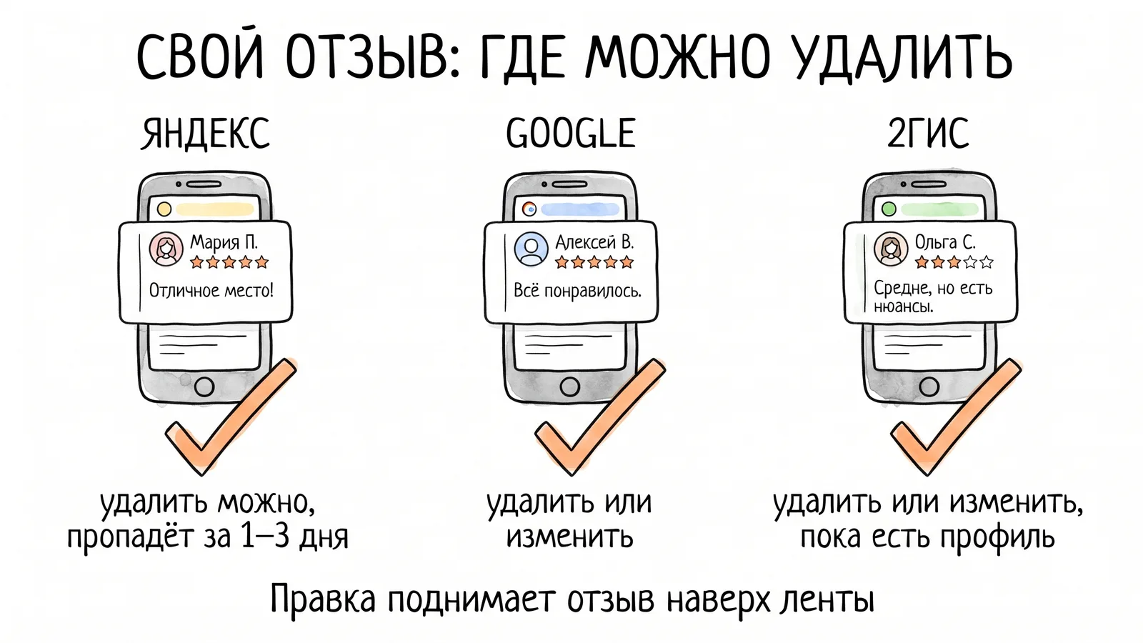 Свой отзыв: на Яндексе и в Google его можно удалить или изменить, в 2ГИС — изменить или удалить, пока жив профиль