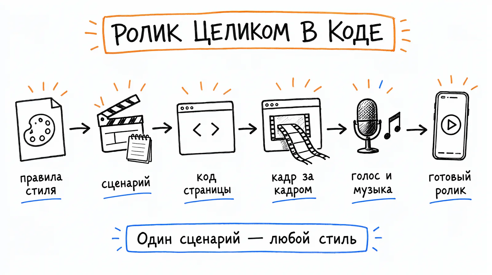 Ролик целиком в коде: правила стиля, сценарий, код страницы, кадр за кадром, голос и музыка, готовый ролик