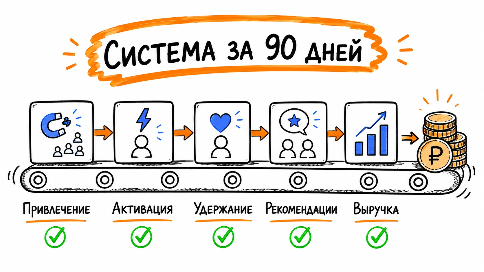 Воронка маркетинга AARRR как единая система: пять соединённых сосудов, по которым течёт поток клиентов от привлечения к выручке