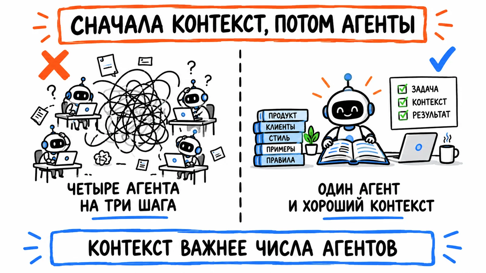 Сначала контекст, потом агенты: четыре агента на три шага против одного агента с хорошим контекстом