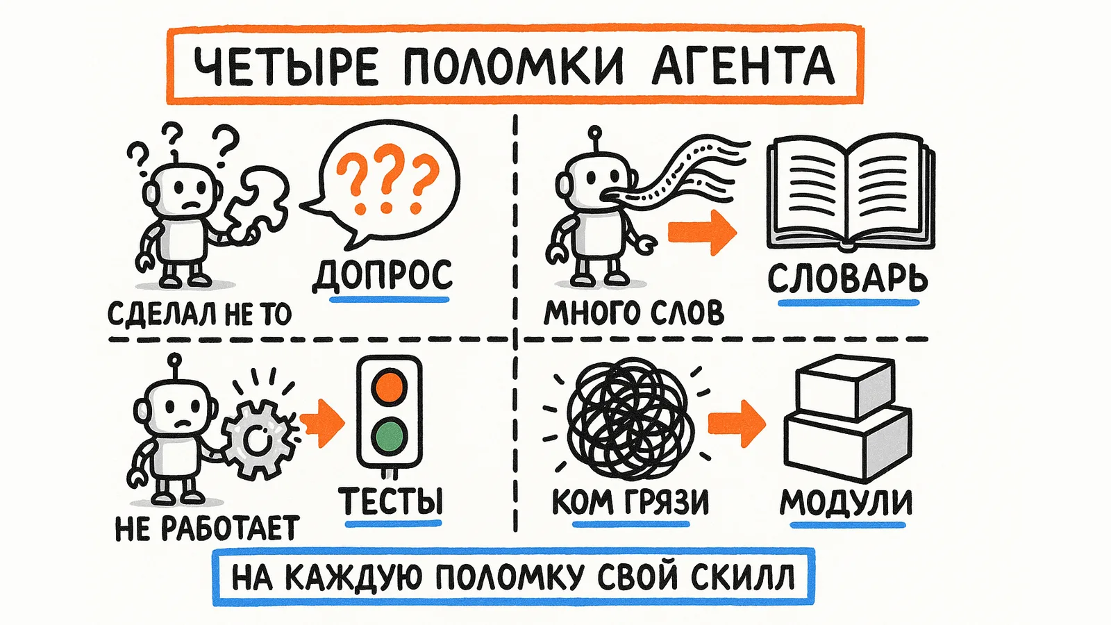 Четыре поломки агента: сделал не то — допрос, много слов — словарь, не работает — тесты, ком грязи — модули