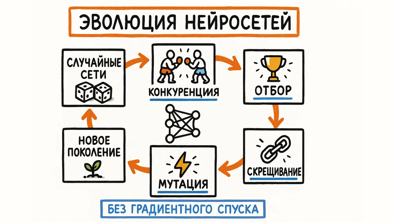 Цикл цифровой эволюции: случайные сети, конкуренция, отбор, скрещивание, мутация, новое поколение