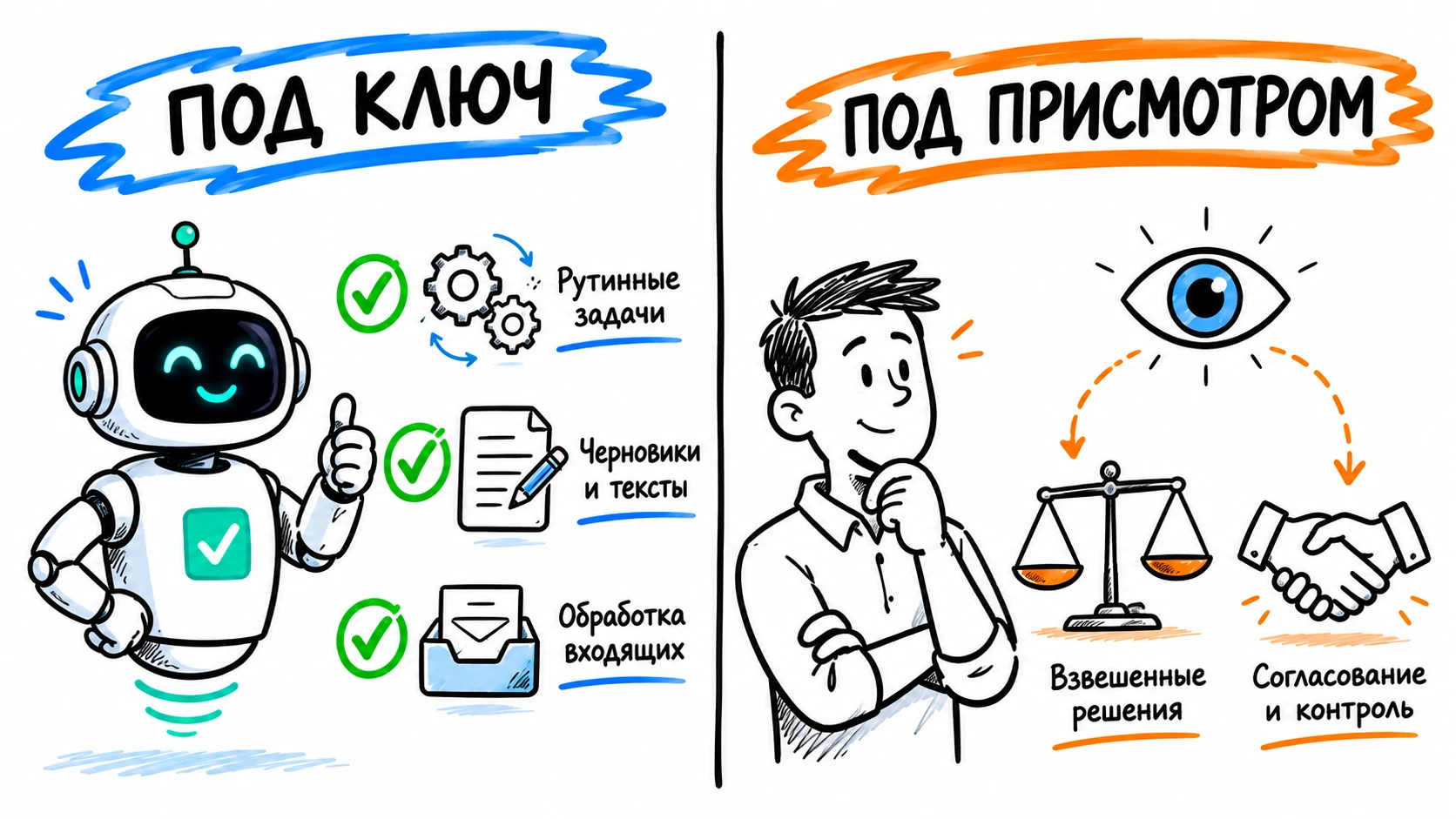 Метафора границы автономии AI: слева задачи, которые модель выполняет сама, справа — то, что остаётся под контролем человека, между ними — чёткая линия