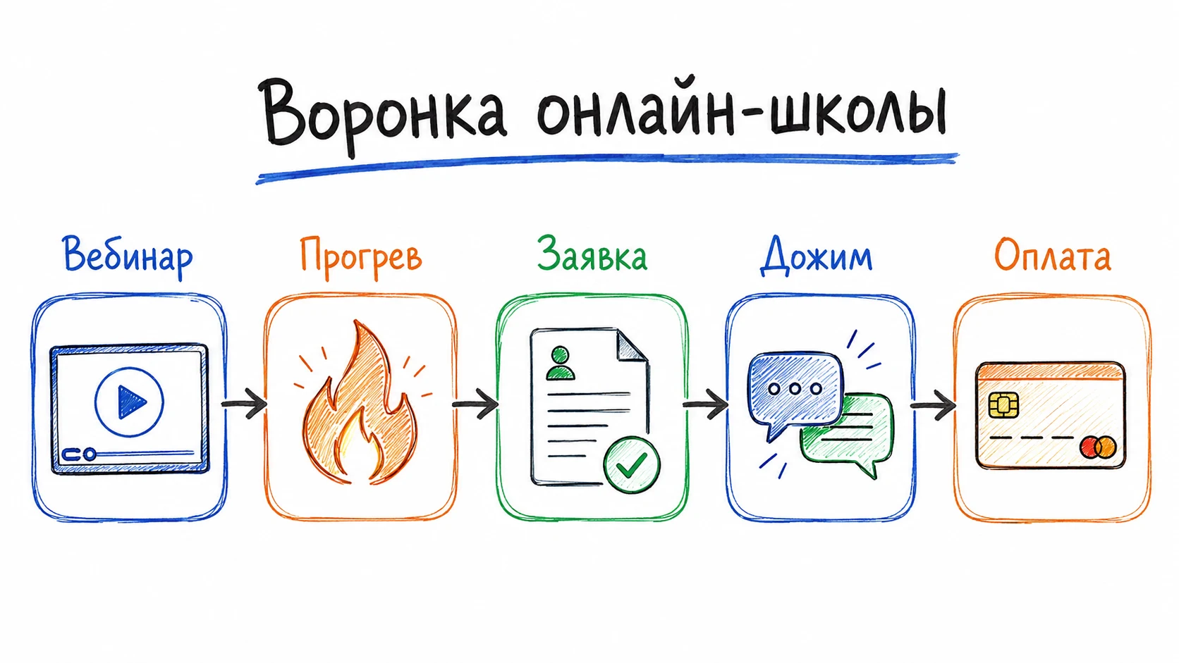 Воронка онлайн-школы: вебинар, прогрев, заявка, дожим, оплата
