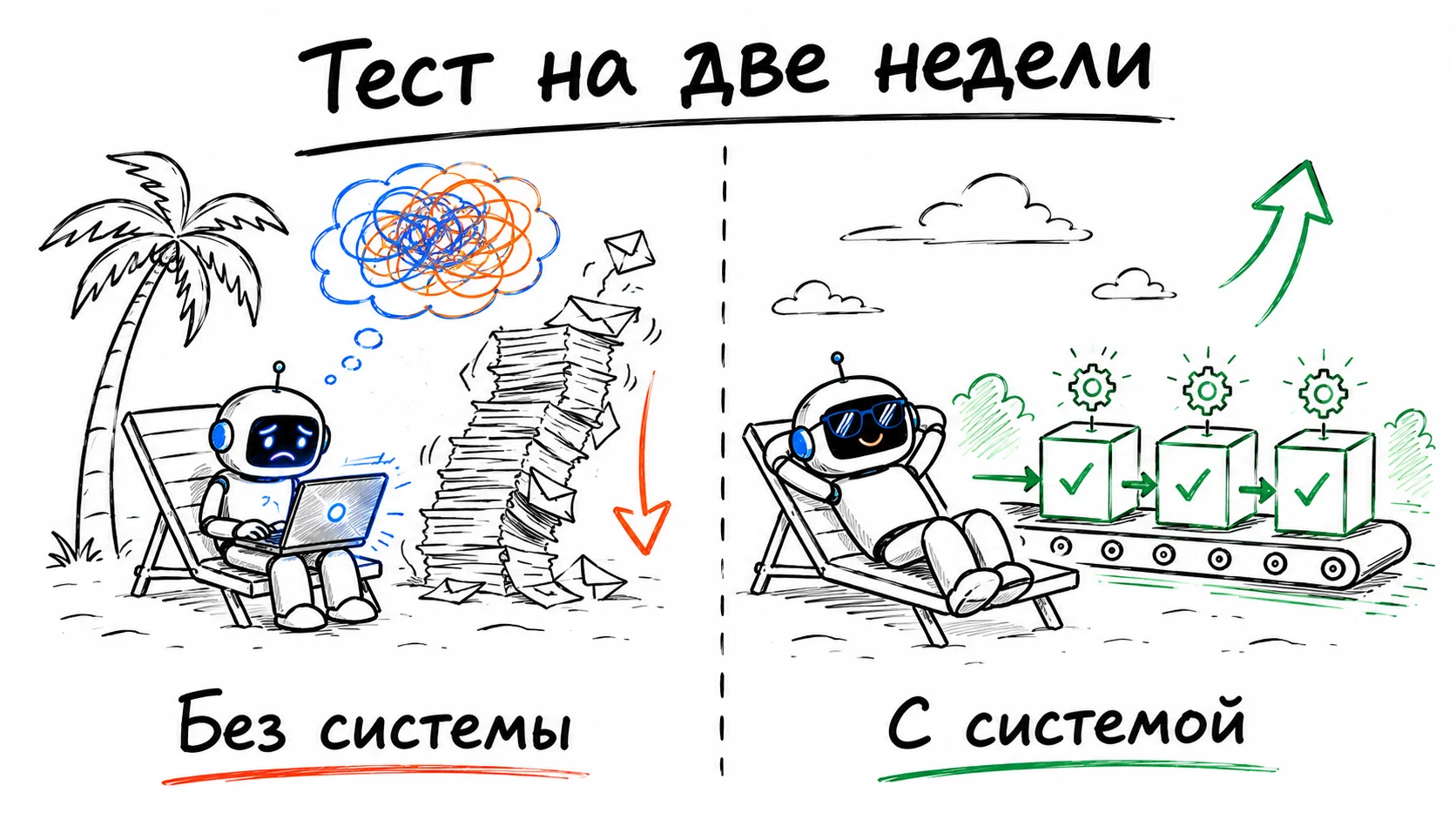 Слева: владелец на пляже не выпускает ноутбук, за спиной растёт стопка необработанных заявок. Справа: он же отдыхает, а конвейер задач движется сам