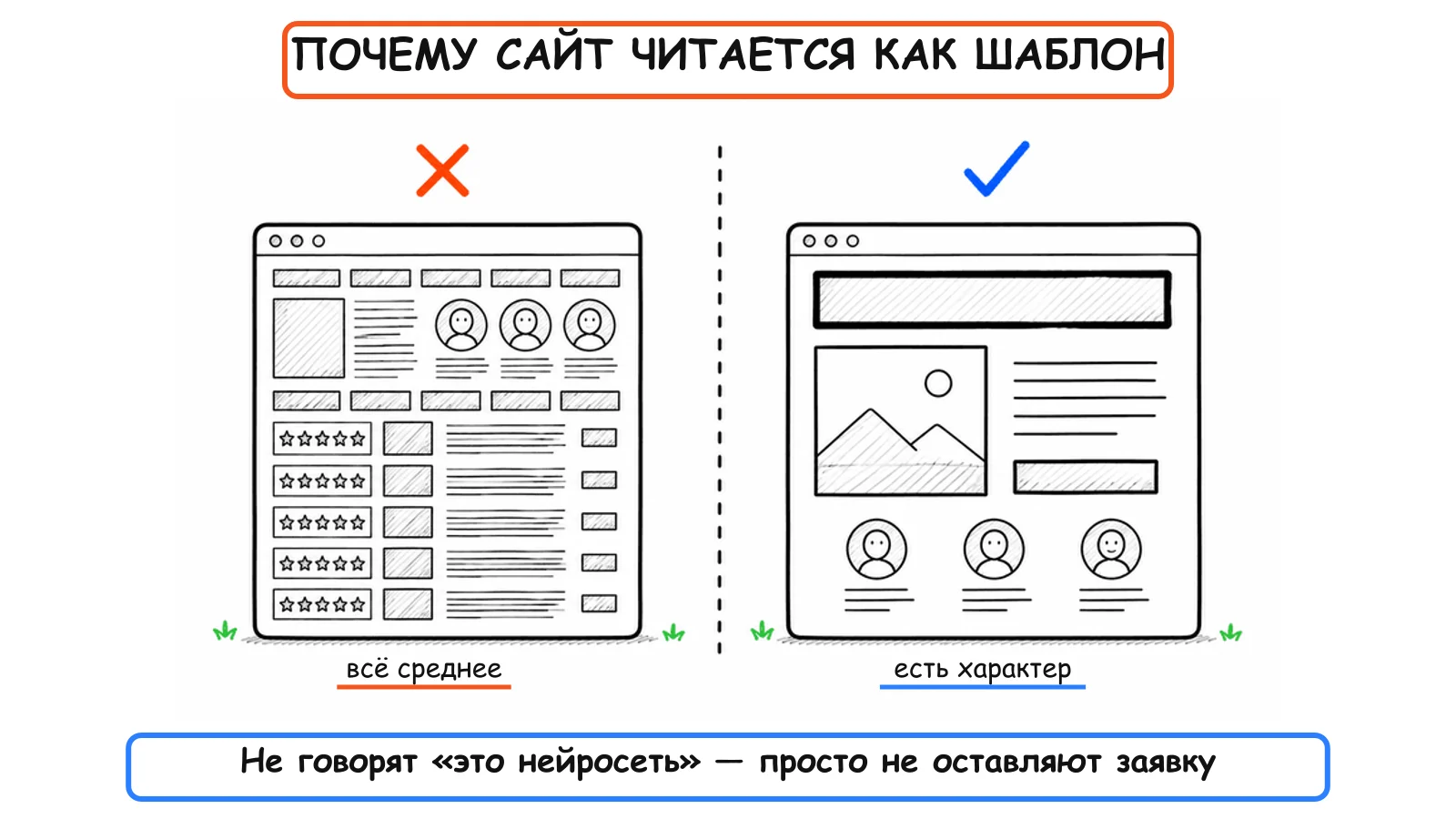 Шаблонная страница без воздуха с одинаковыми блоками против страницы с заголовком, воздухом и настоящей фотографией