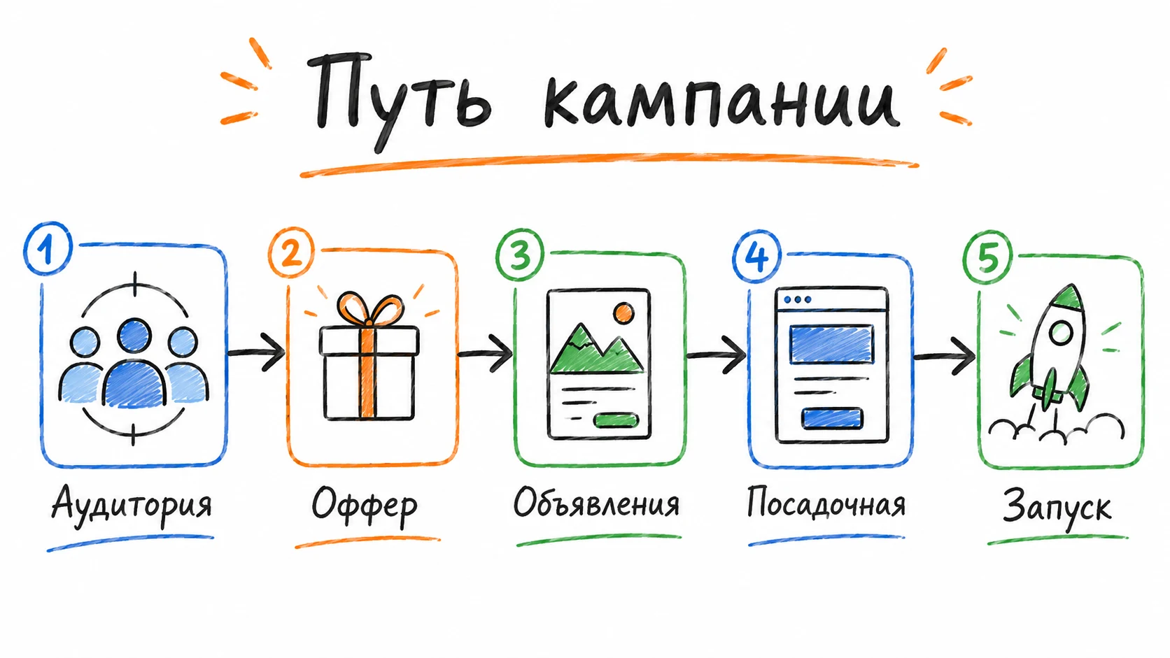 Путь кампании: аудитория, оффер, объявления, посадочная, запуск