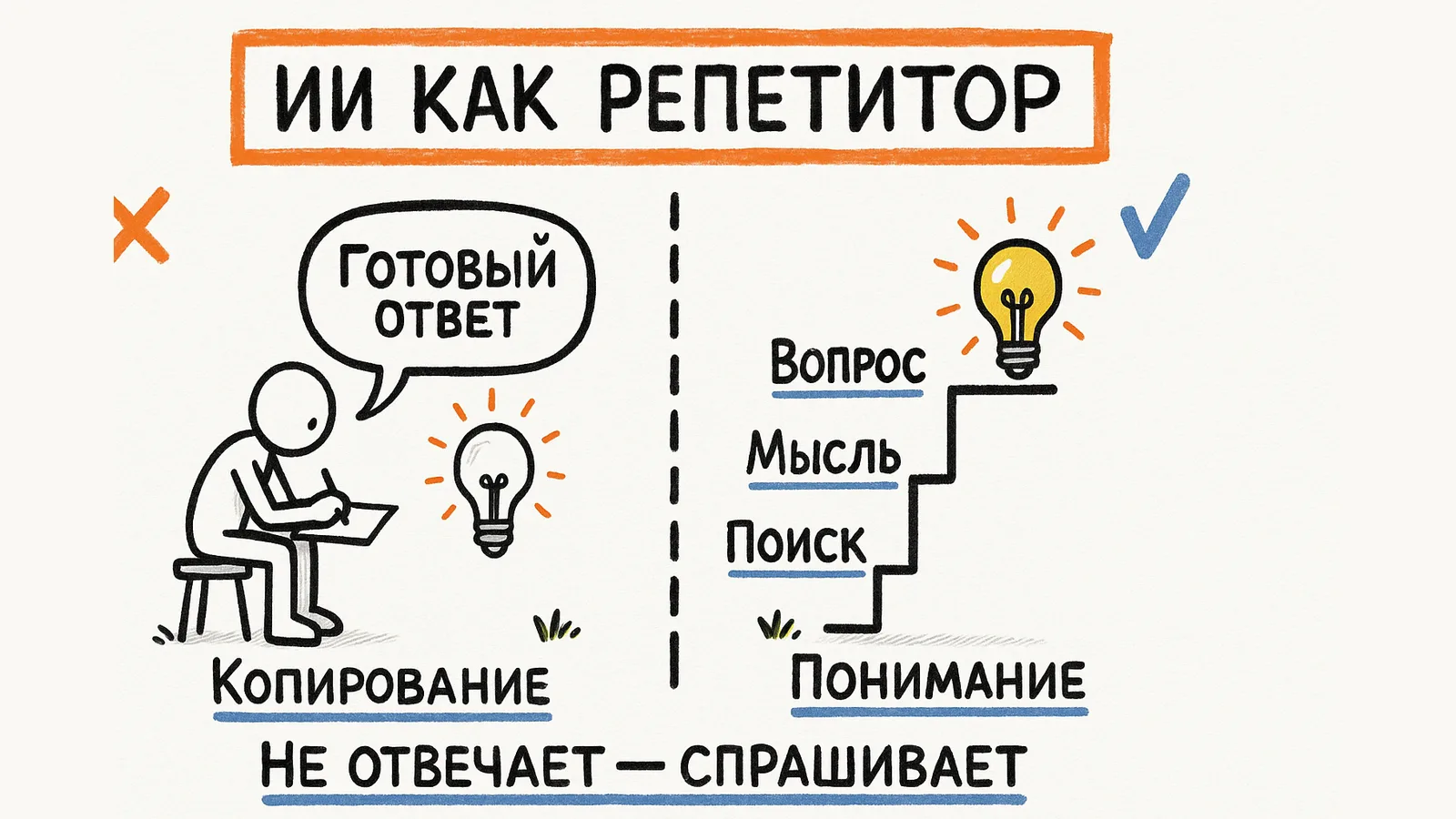 Готовый ответ против репетитора: вопрос, мысль, поиск, понимание