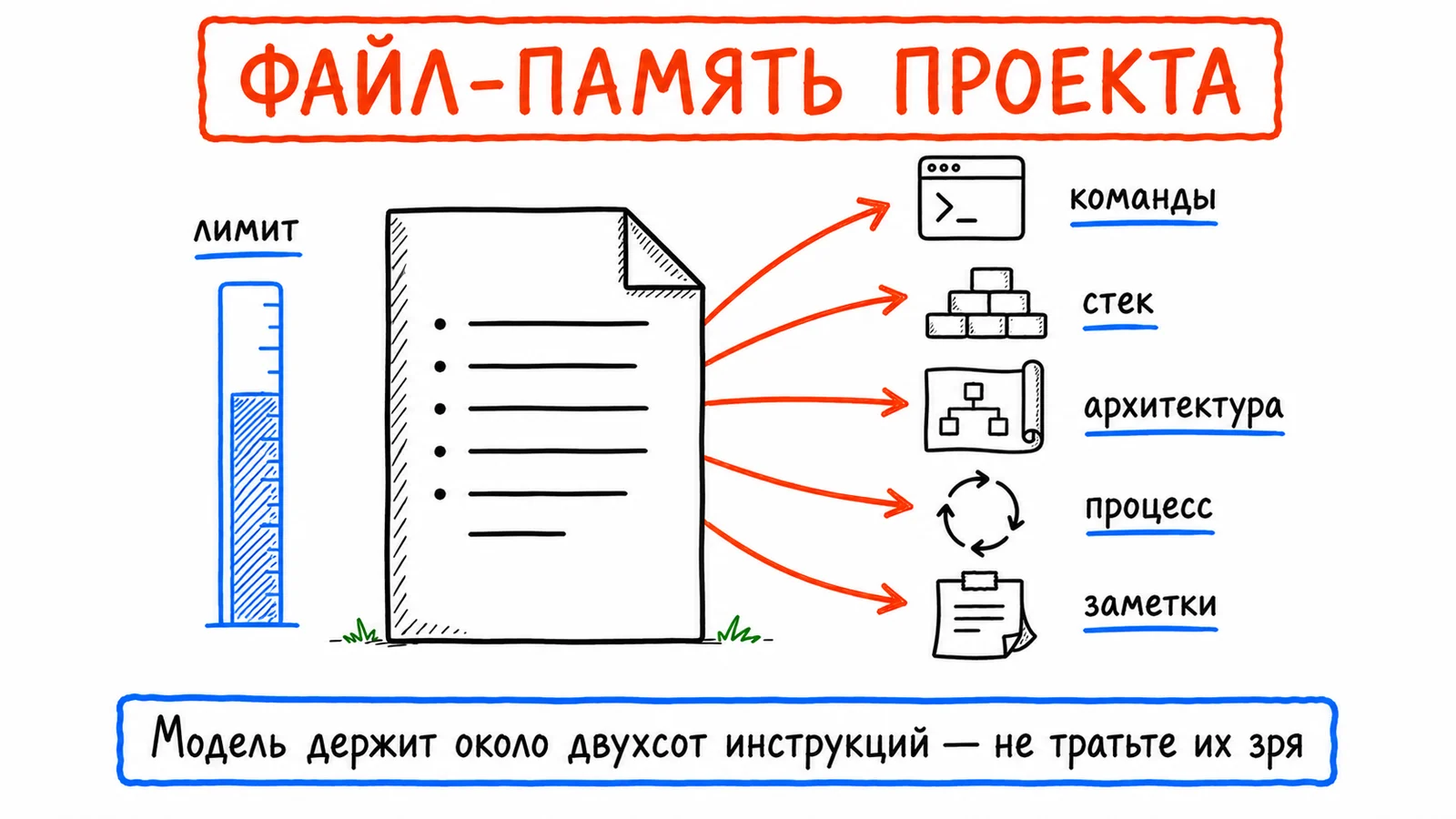 Файл-память проекта: команды, стек, архитектура, процесс и живые заметки, слева шкала лимита инструкций