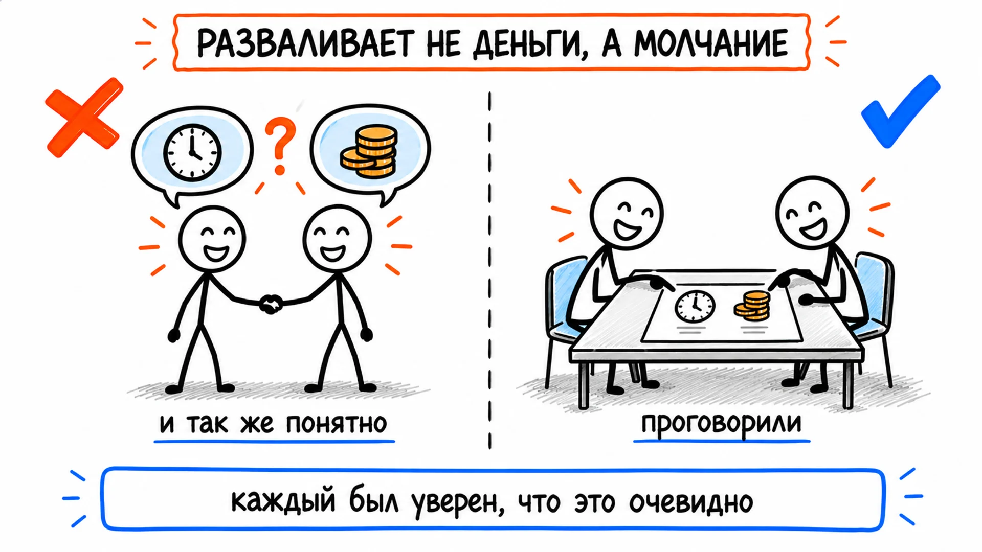 Слева партнёры жмут руки, думая о разном; справа обсуждают время и деньги над общим листом
