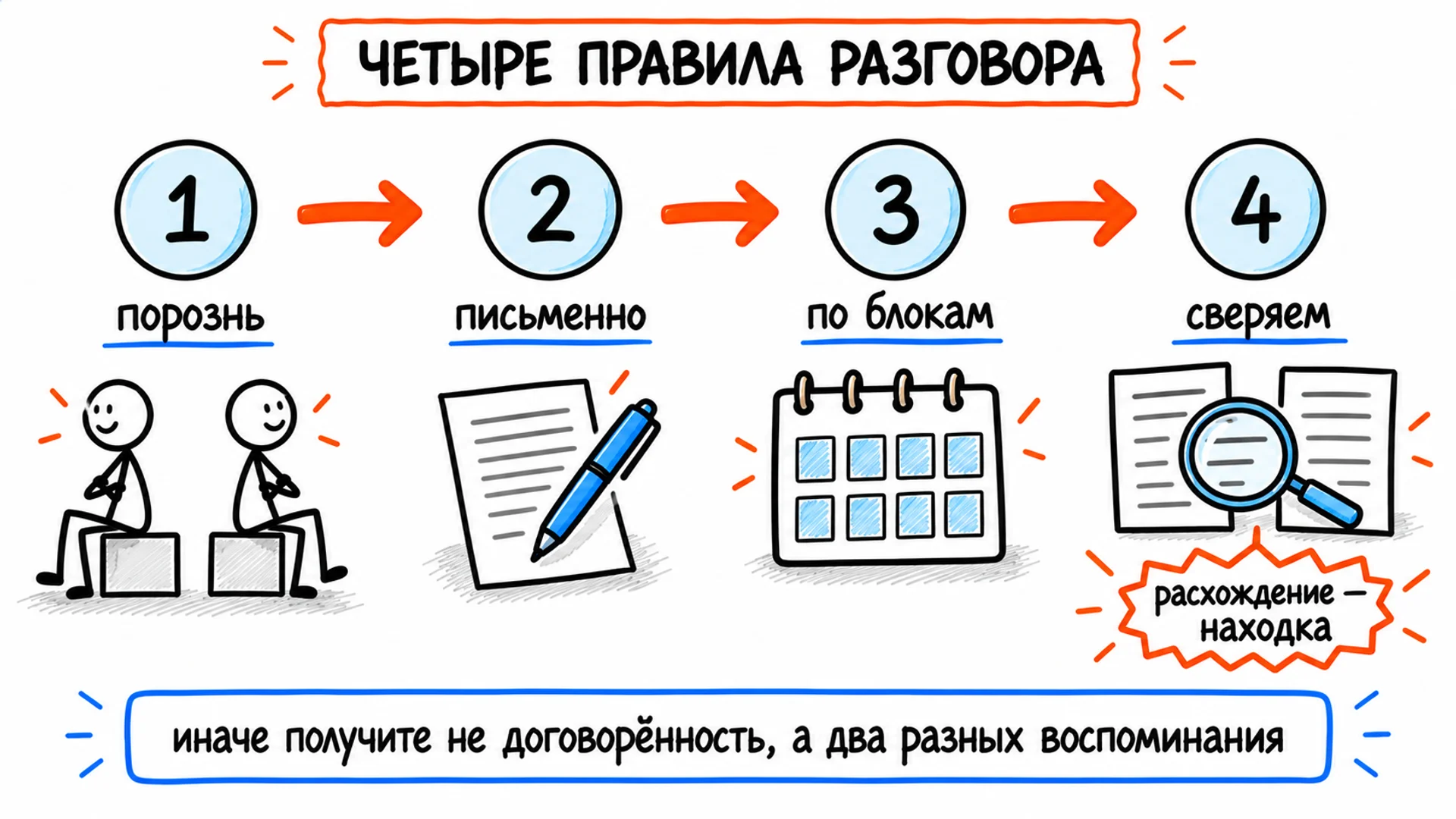 Четыре правила разговора: порознь, письменно, по блокам, сверяем — расхождение это находка