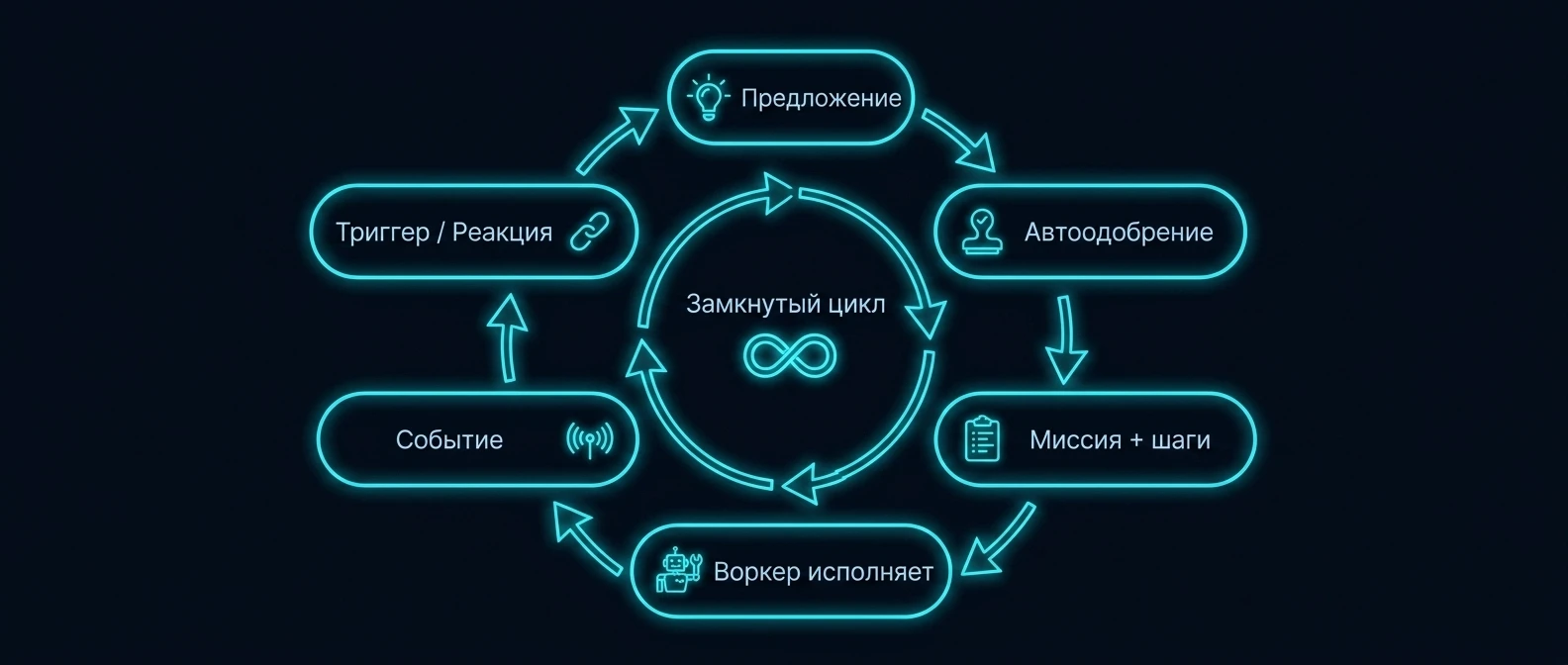 Замкнутый цикл: предложение → автоодобрение → миссия → исполнение → событие → триггер
