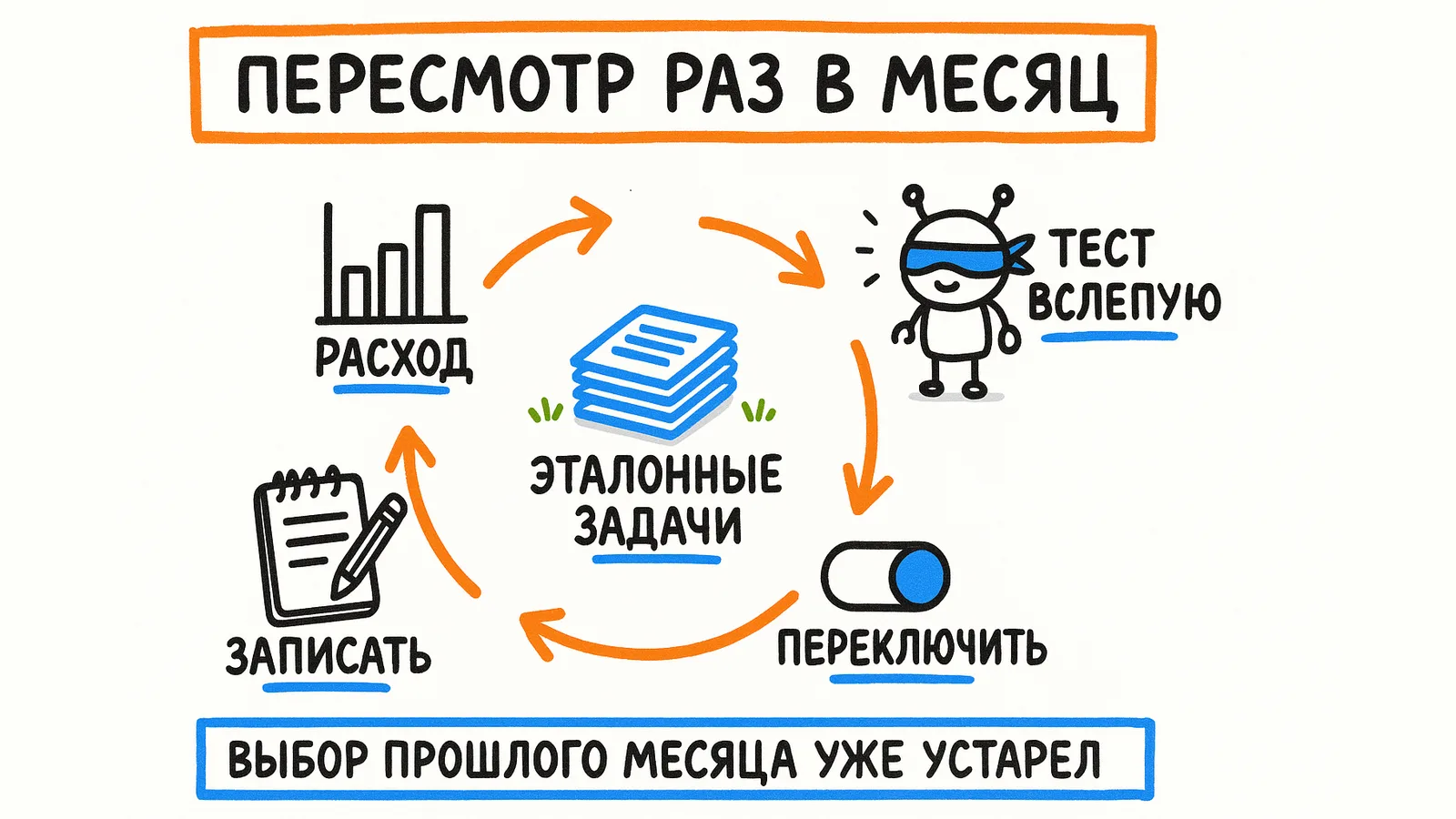 Пересмотр раз в месяц: расход, тест вслепую, переключить, записать — вокруг эталонных задач